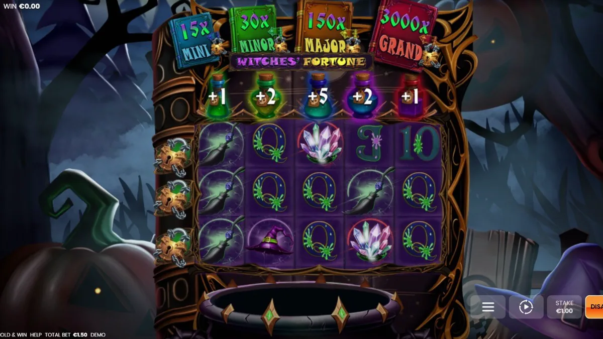 Tampilan visual slot Witches Fortune dengan tema sihir dan kuali ajaib