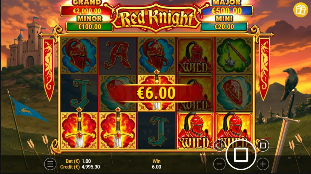 Tampilan visual slot Red Knight dengan latar belakang kastil berapi dan simbol ksatria.