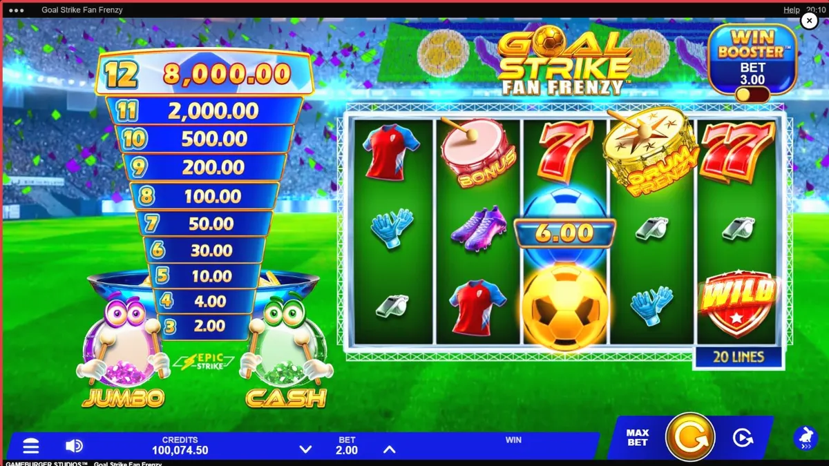 Tampilan visual slot Goal Strike Fan Frenzy dengan tema stadion sepak bola yang meriah